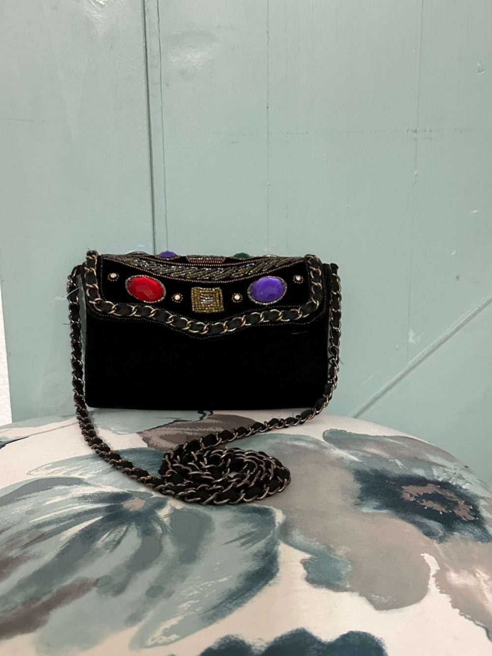MAGID - Hand Made, Black Velvet Evening Clutch with Multicolor Gem Accents - Picture 4 of 11
